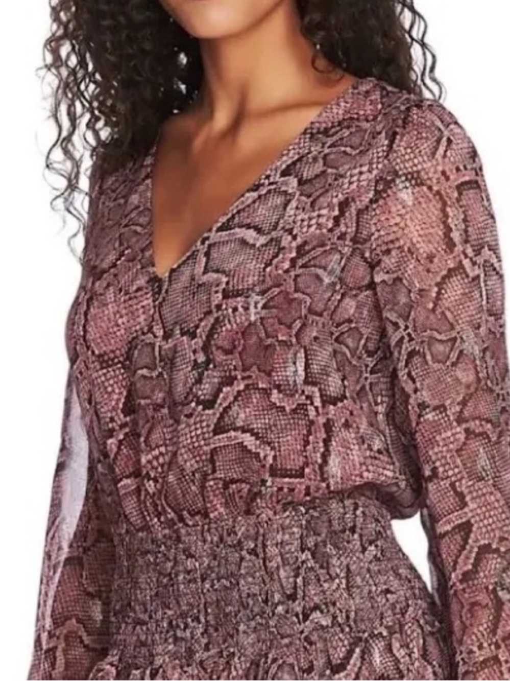 1State Pink Snake-Print V-Neck Long-Sleeve Dress